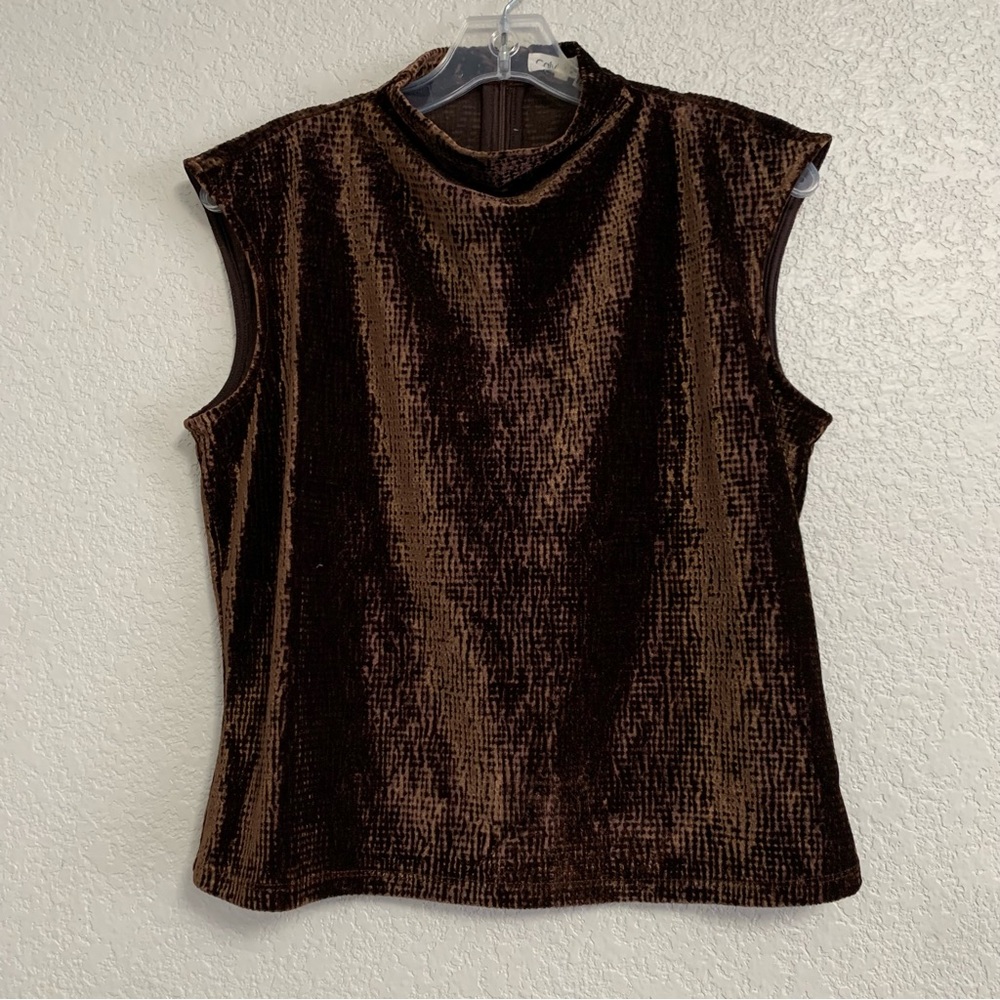 Vtg Y2K CK Calvin Klein Top Womens S Velvet Textured Sleeveless Funnel Mock Neck